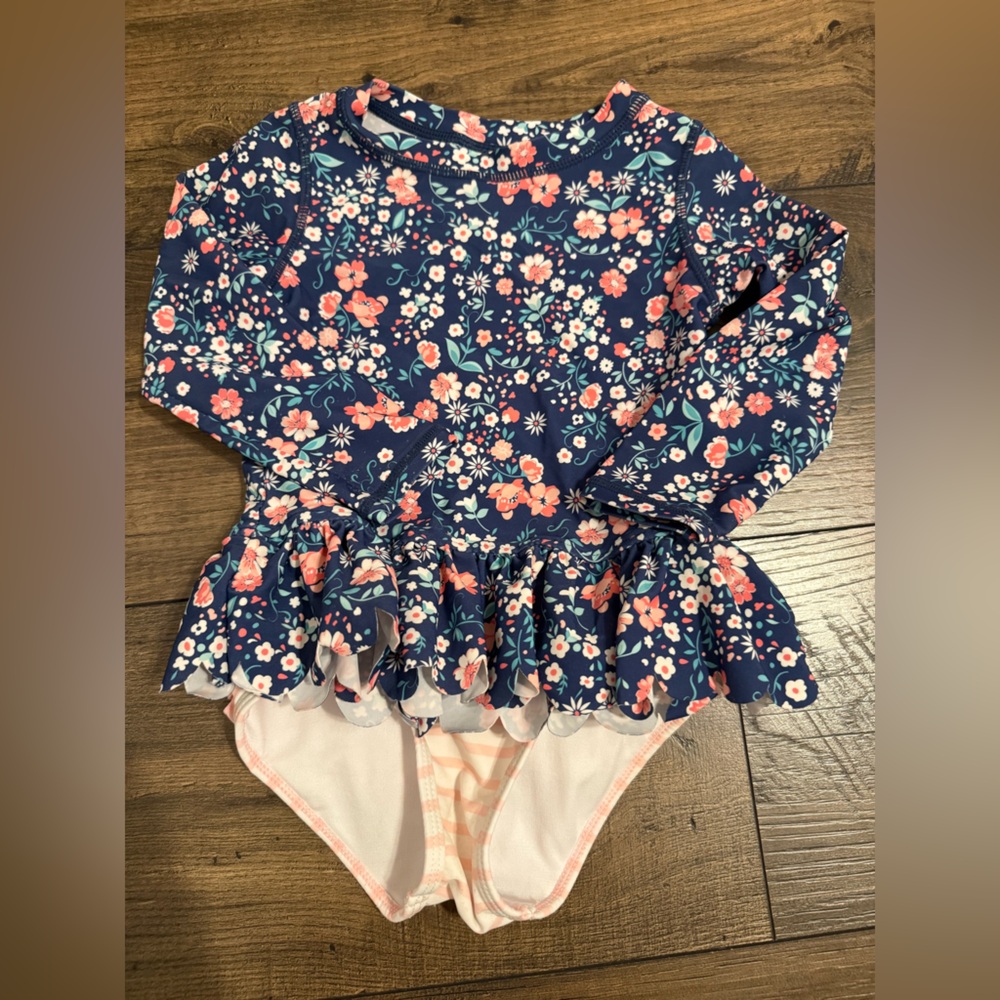 Ruffle Butts Navy Floral Kids Swim Rashguard